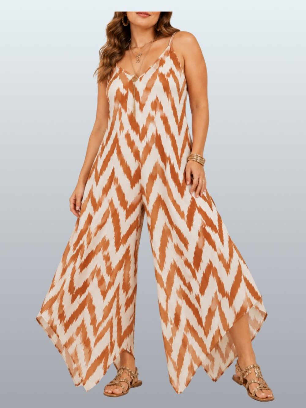 Ikat Chevron Wide Leg Handkerchief Hem Jumpsuit Rust Ivory XL MSK Boho Resort
